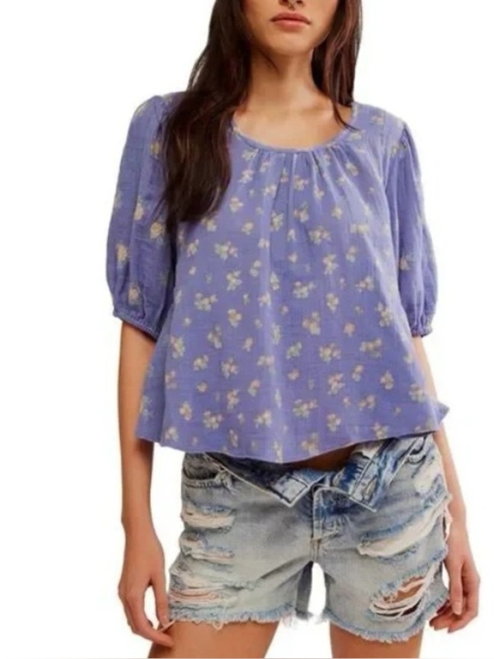Free People Chloe Printed Cotton Cutout Tie-Back Top Size Large in Indigo